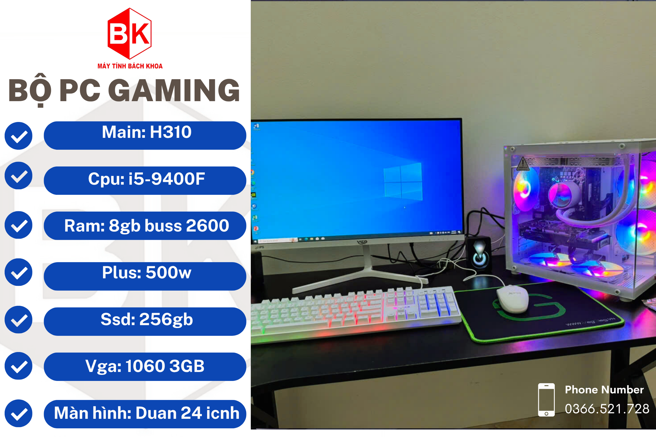 BỘ PC: H310/CPU I5-9400F/ 8GB/ 256GB/ 1060 3GB/MÀN DUAN 2409S